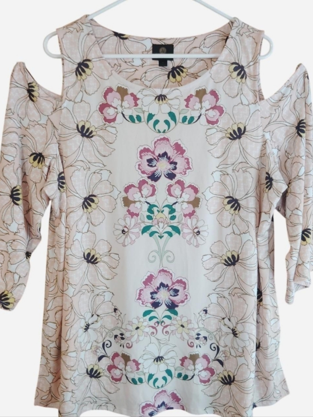 JM Collection Boho Cold-Shoulder Cream Floral Tunic Pink and Green Accents EUC - Picture 2 of 5